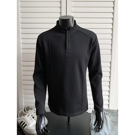 Qumile American retro polo Henry collar sweatshirt men's autumn trendy loose pullover bottoming shirt handsome long-sleeved jacket white gray XL