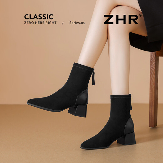 ZHR short boots women's winter plus velvet temperament pointed toe thick heel fashion boots women's versatile suede women's boots BL652A black 37