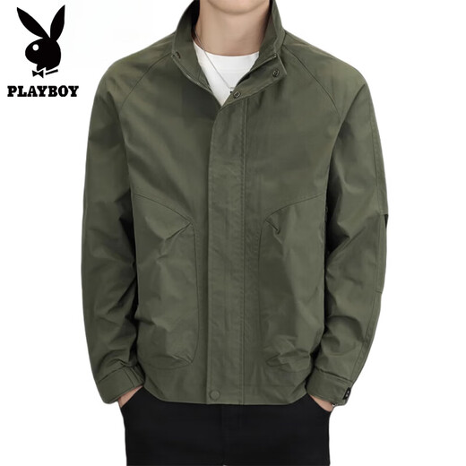 Playboy stand collar jacket men's spring and autumn 2025 new high-end casual trendy jacket men's work clothes green spring and autumn style L 125-145Jin Jin equals 0.5 kg