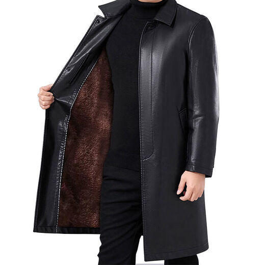 An Chuxia middle-aged and elderly long knee-length leather windbreaker men's autumn and winter warm genuine good leather men's dad winter coat warm whole body long black + fur collar thickened XL 180/recommended weight (135-150Jin Jin equals 0.5 kg)