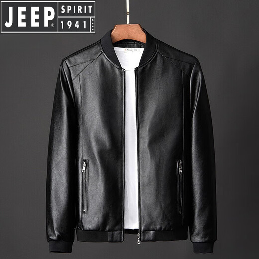 JEEP SPIRIT Jeep Leather Jacket Men's 2026 Autumn and Winter Velvet Thickened Trendy Handsome Motorcycle Leather Jacket Large Size Men's 1809 Black No Velvet 2XL 135-148Jin Jin is equal to 0.5 kg