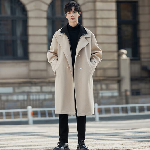 ROMON woolen coat men's mid-length British style high-end business fake two-piece woolen windbreaker jacket apricot XL