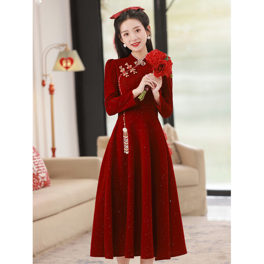Jialong Mingxiu Cheongsam Toast Wear 2025 Autumn and Winter Bride Small Return Wedding Casual Wear Burgundy Engagement Dress for Women Burgundy M