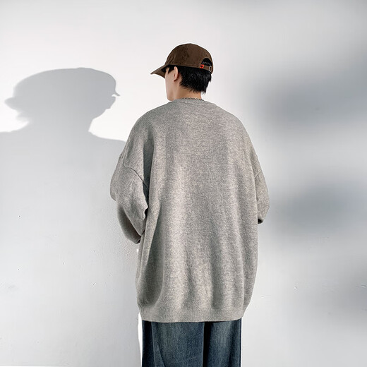 Dingfengbaoluo solid color casual sweater men's autumn retro comfortable versatile pullover sweater JUC09 light gray 4XL