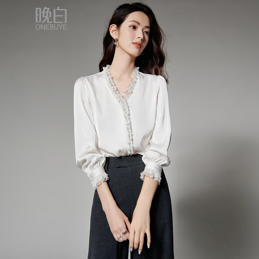 Late White New Product 2025 Autumn Style Elegant Shirt Fashion Lace Collar V-Neck Commuting Shirt Women White XL