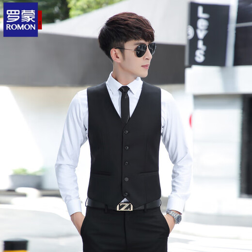 ROMON Spring and Autumn Best Man and Groom Brotherhood Slim Casual Professional Suit Vest White Shirt Men's Wedding Suit Black Vest Free Bow Tie @ S 90-100Jin Jin is equal to 0.5 kg