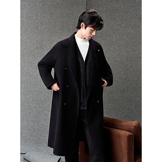 GXG Men's Custom-woven Tencel Wool Double-breasted Classic Peaked Collar Long Coat 25th Winter New Product Black (Including Down) L