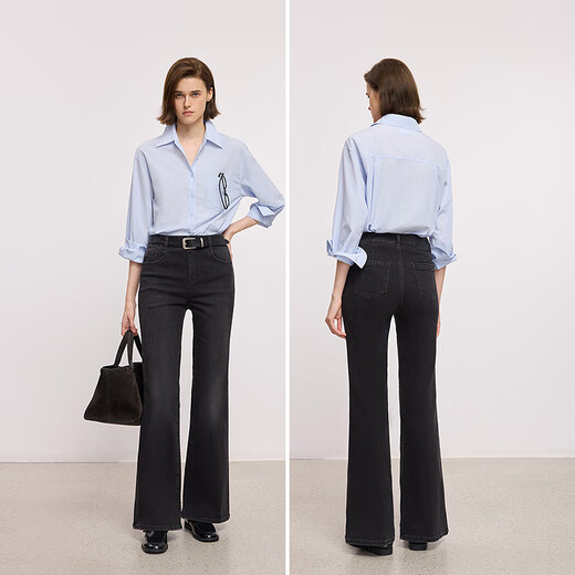 LILY2025 winter new style retro slim narrow version plus velvet versatile casual commuting bell bottoms jeans women's trousers 509 dark gray S