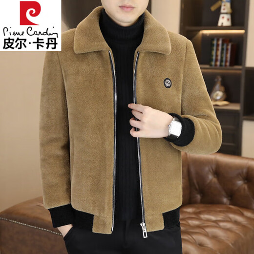 Pierre Cardin 2025 winter gold mink velvet jacket men's new high-end woolen casual plus velvet thick new large size men's jacket ZL-J6691 coffee (plus velvet) thickened XL (130-145Jin Jin equals 0.5 kg)