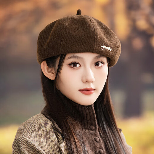 Jimmy Leaf Versatile Embroidered Beret Hat Women's Autumn and Winter Outdoor Leisure Painter Hat Large Head Circumference Showing Face Small Octagonal Hat Coffee One Size Head Circumference 55-58CM