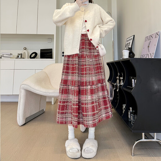 Langsha Woolen Plaid Skirt Women's Autumn and Winter 2025 New High Waisted Slim A-Line Mid-Length Umbrella Skirt Cake Skirt