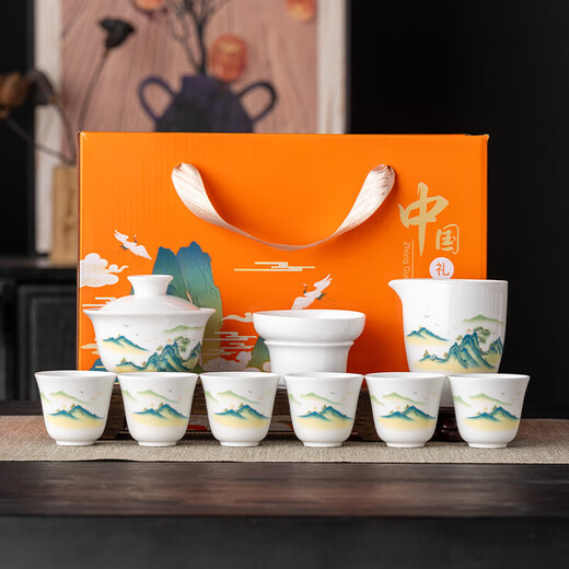 Suet-fat jade white porcelain Kung Fu tea set household infusion bowl teacup ceramic high-end complete set Mid-Autumn Festival gift box 10-head Xia Feng Yuanshan covered bowl six-cup Chinese gift orange box