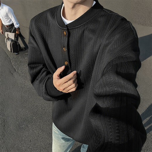 SWAMP AREA Henry collar textured long-sleeved T-shirt for men in spring and autumn layered inner layering shirt SWT607 black XL