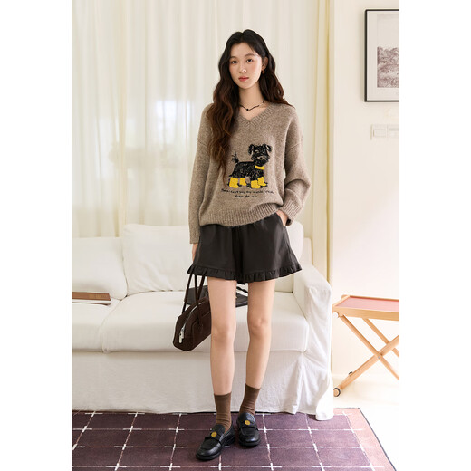 Mystery Show Oatmeal Camel Sweater Women's 2025 Autumn and Winter New Women's Puppy Embroidered Alpaca Wool Loose Casual Sweater Oatmeal Camel One Size