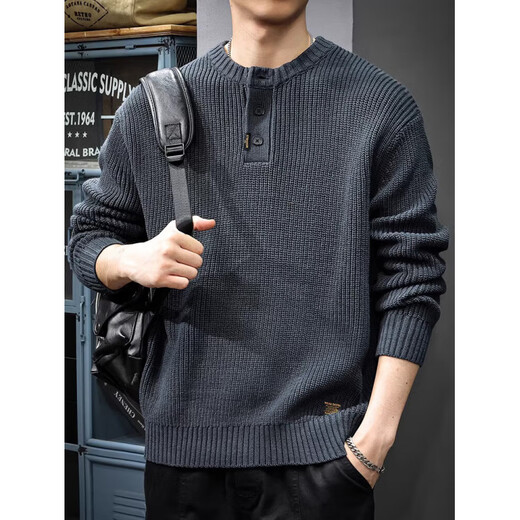 OLJ luxury high-end brand trendy sweater men's American retro Henry collar versatile heavyweight casual sweater jacket gray blue one size 4XL 200-220Jin Jin equals 0.5 kg