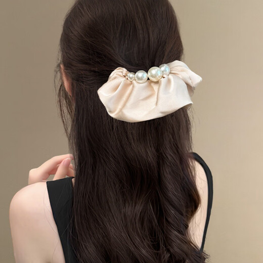 Added Cream Sea Blue Korean Satin Pearl Edge Large Intestine Hair Tie Temperament Gentle Low Ponytail Travel Rubber Band Satin Pearl Hair Tie Apricot