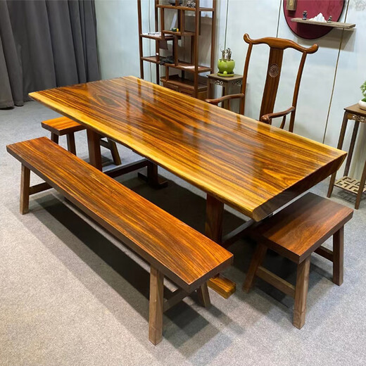Heli solid wood large board tea table Okan large board table log large board office desk walnut tea table whole board large board dining table set 1.5 meters table + 1 official hat + 3 stools