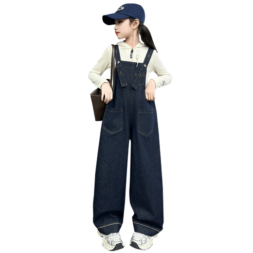 Girls' Denim Overalls Suit Spring and Autumn 2025 New Korean Style Solid Color Straight Pants Medium and Large Children's Bottoming Hoodie Solid Color Denim Overalls 150 (recommended within 140)