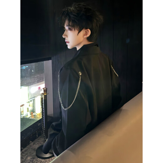 An Chuxia, a male model, wears a diamond-encrusted shoulder pad suit, a high-end hairstylist trendy brand men's suit, a casual suit jacket, black, three-piece suit for male models 2XL