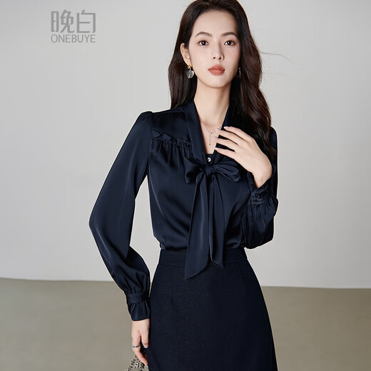 Late White New Product 2025 Autumn Solid Color Bow Tie Collar Top Elegant and Versatile Shirt for Women Dark Blue M