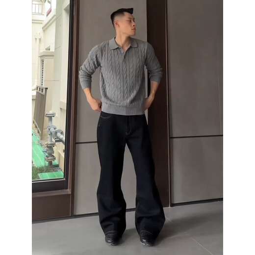 Muwei old money style Henry shoulder sweater men's autumn new retro polo collar cable knit bottoming top shirt gray XL recommended 130-150Jin Jin equals 0.5 kg