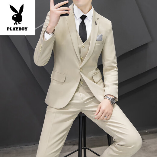 Playboy (PLAYBOY) high-end casual suit suit for men, Korean style business suit, three-piece suit, slim fit wedding groomsmen dress, high-end suit, apricot suit + vest + pants, waist tie XL (120~135Jin Jin is equal to 0.5kg)