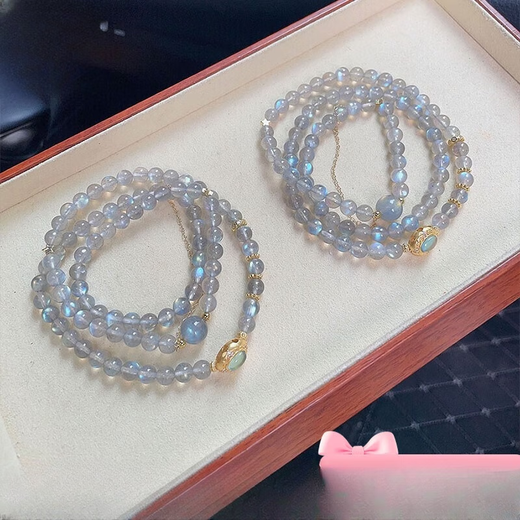 Beimeixing moonstone bracelet for women multi-circle blue light crystal three-circle bracelet for women gift beads 6mm gray moonlight and aquamarine inlaid accessories