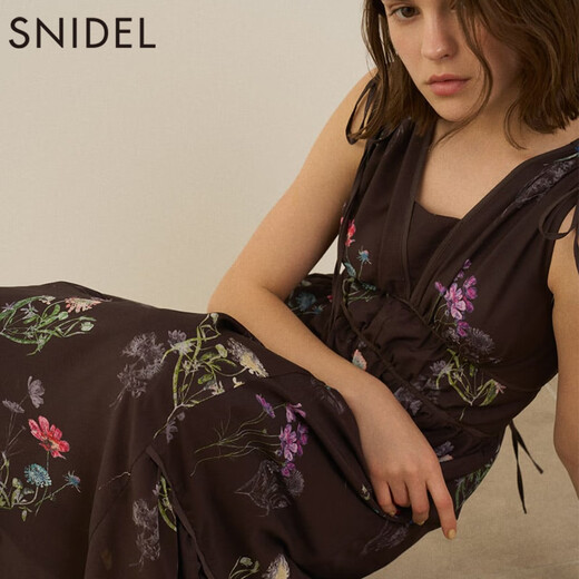SNIDEL [Same Model in Celebrity] 2025 Autumn and Winter New V-neck Sleeveless Lace-up Waist Printed Dress SWFO254120 Gray S (0)