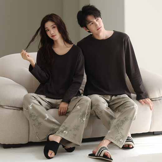 LangSha 7A Antibacterial Couple Pajamas for One Man and One Woman Autumn Pure Cotton Round Neck Cartoon Casual Wearable Spring and Autumn Home Clothing 32506 Couple M Female + XL Male