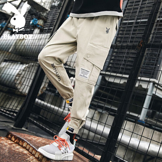 Playboy (PLAYBOY) overalls men's autumn and winter pants men's loose casual pants men's trendy leggings men's pants light khaki XL