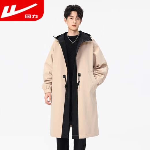 Warrior fake two-piece coat men's mid-length windbreaker jacket men's autumn and winter British style thickened hooded cloak jacket black M