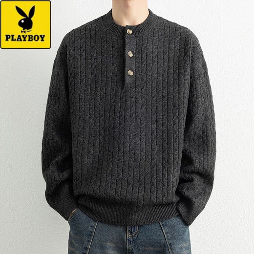Playboy (PLAYBOY) Henry collar sweater men's autumn and winter American retro cable pattern long-sleeved sweater thickened inner base sweater 6002-cloud yarn gray thickened XL