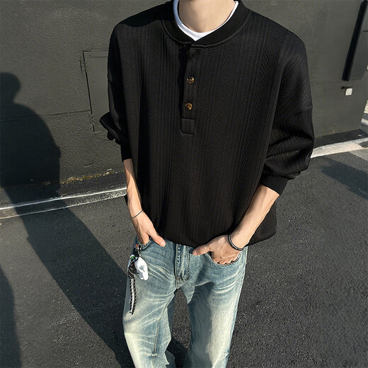 SWAMP AREA Henry collar textured long-sleeved T-shirt for men in spring and autumn layered inner layering shirt SWT607 black XL