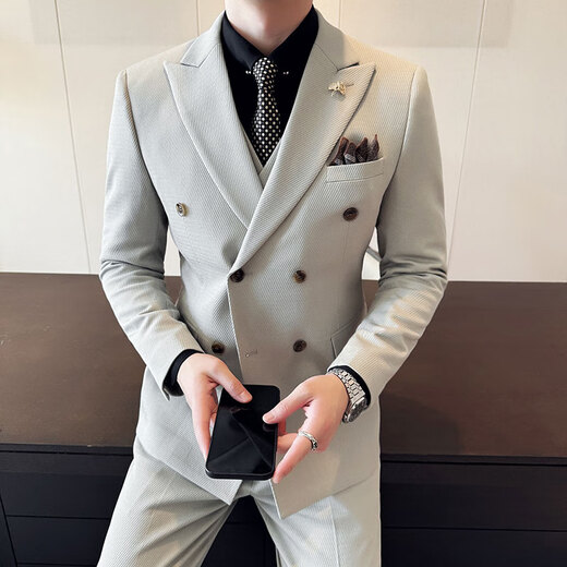 Jason's diagonal striped double-breasted suit for men, business casual formal fit, Korean style groom's wedding suit, three-piece suit, milky white (single suit) 2XL