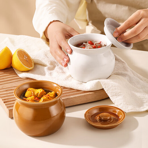 Stew pot for stewing household steamed egg custard over water, small crock pot steaming pot, ceramic one-server with lid, soup and egg custard, thickened version, crock pot stew pot (brown), single pack 500ml