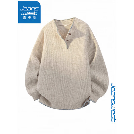 Jeansweis wool sweater for boys in autumn, designed for couples, Henry collar sweater for men and women, simple and lazy atmosphere, oatmeal gray L