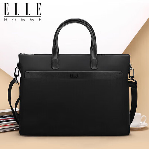 ELLE HOMME Business Men's Briefcase Fashionable Canvas Crossbody Handbag Casual 14-inch Computer Bag 02210 Black