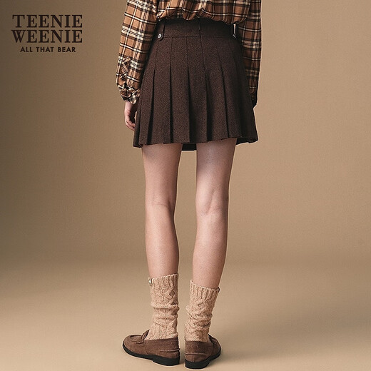 Teenie Weenie Bear Women's Skirt 2025 Autumn New Temperament College Style Simple Embroidered Pleated Skirt Brown Pre-sale M