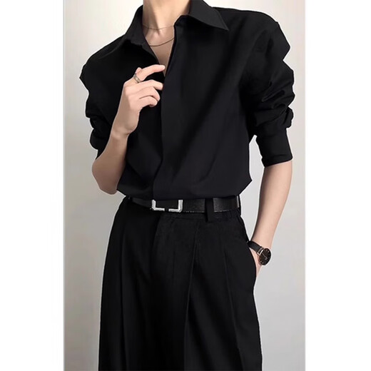 An Chuxia black Naples dk shirt for men to wear a complete set of high-end summer British yuppie style ice silk shirt two-piece set black shirt + black trousers L 120-135Jin Jin equals 0.5 kg can be worn