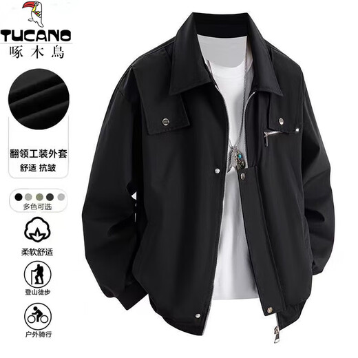 Woodpecker Jacket Men's Autumn and Winter Trendy American Loose Workwear Flight Jacket Men's Lapel Versatile Casual Top Black XL