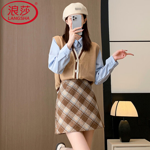 Langsha Plaid Skirt Women's 2025 Autumn and Winter New Woolen Hip Skirt Korean Style A-Line Short Skirt Plus Velvet Warm Bottoming Skirt Dark Gray Small Plaid Skin Friendly Wool Comes with Lining M Weight 96-110 Jin Jin equals 0.5 kg Waist 68CM Hips 92CM