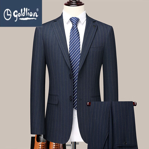 GOLDLION G+ Jinlilai brand men's wool suit business casual striped suit men's banquet wedding men's double row blue M 170