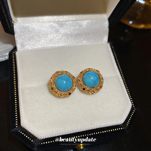 18k real gold electroplated silver needle zircon turquoise earrings simple and exquisite earrings light luxury high-end fashion earrings silver needle-gold-blue (18k real gold electroplating)