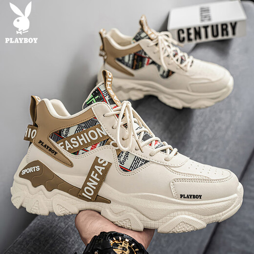Playboy (PLAYBOY) dad shoes men's shoes 2025 autumn and winter casual shoes men's thick-soled high-top fashion sneakers trendy beige 42
