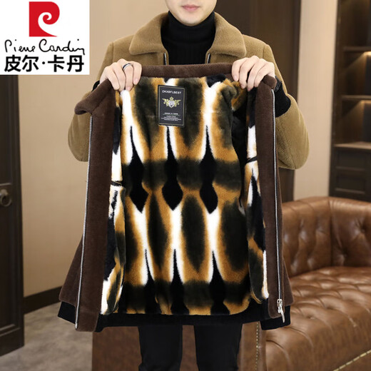 Pierre Cardin 2025 winter gold mink velvet jacket men's new high-end woolen casual plus velvet thick new large size men's jacket ZL-J6691 coffee (plus velvet) thickened XL (130-145Jin Jin equals 0.5 kg)
