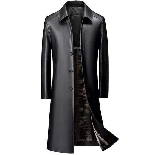 An Chuxia middle-aged and elderly long knee-length leather windbreaker men's autumn and winter warm genuine good leather men's dad winter coat warm whole body long black + fur collar thickened XL 180/recommended weight (135-150Jin Jin equals 0.5 kg)