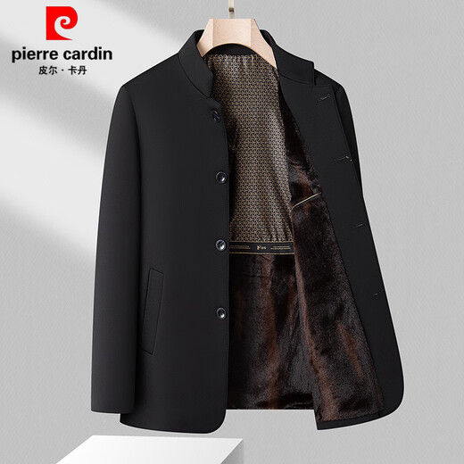 Pierre Cardin winter thickened velvet stand-up collar tunic jacket for men middle-aged dad business executive cotton jacket men black XL 180