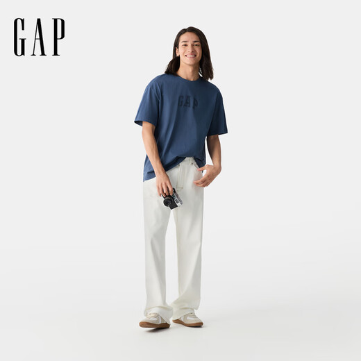 GAP Herren- und Frauen reines Baumwoll-Logo Kurzärärmelte T-Shirt Basic Lose Top Grau-Blau-Druck L (175/96a) Asiatische Größe