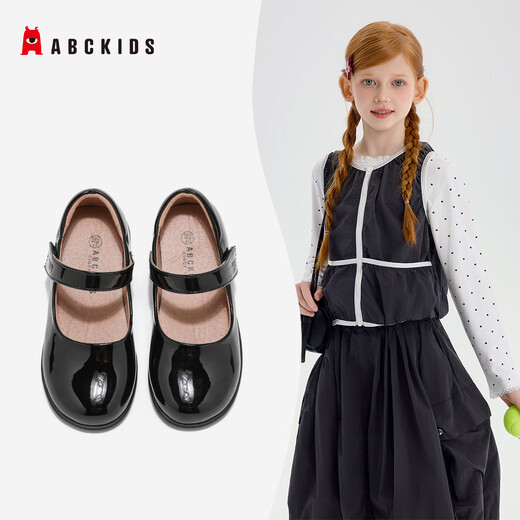 ABC KIDS autumn children's small leather shoes soft sole performance shoes girls princess shoes black flat casual shoes black mirror 32