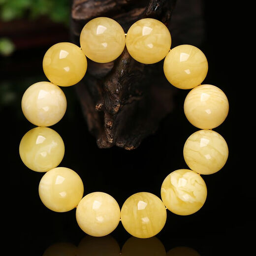 Shimei natural Russian beeswax bracelet for men, white flower beeswax bracelet for women, amber chicken fat yellow (with national inspection certificate) Russian white flower beads diameter 12 mm (16 pieces)